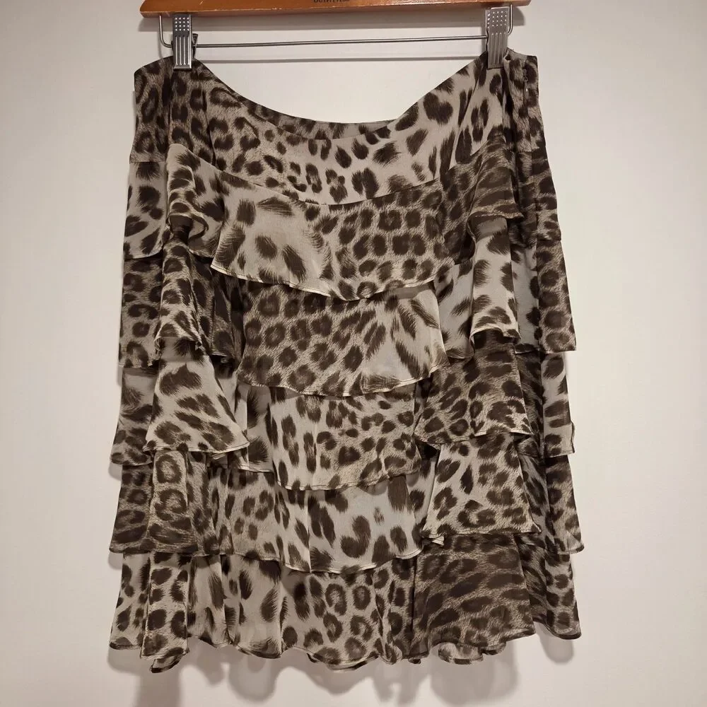 Talbots CHIFFON LEOPARD CHEETAH TIER RUFFLE SKIRT 14P Womens Y2K Preppy 00s